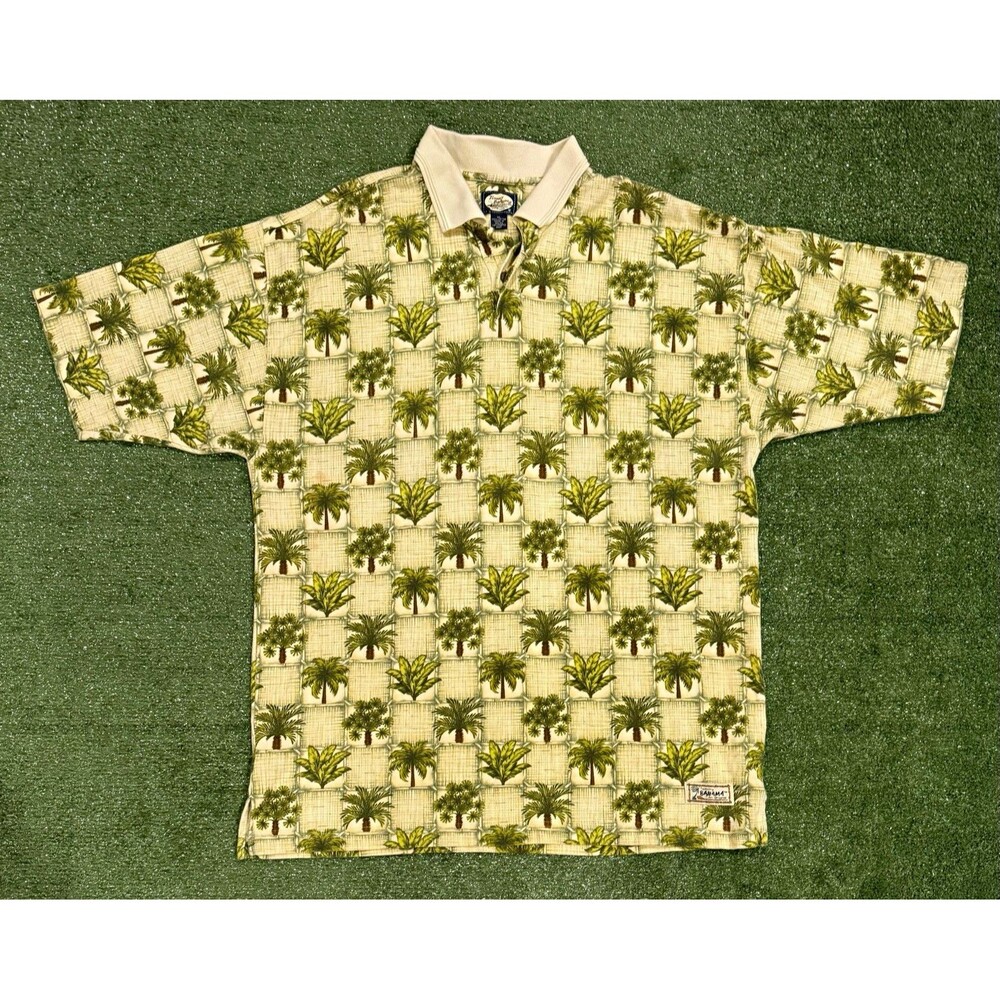 Tommy Bahama Polo Shirt Mens XL Beige Green Tropical Palm Print Cotton Logo